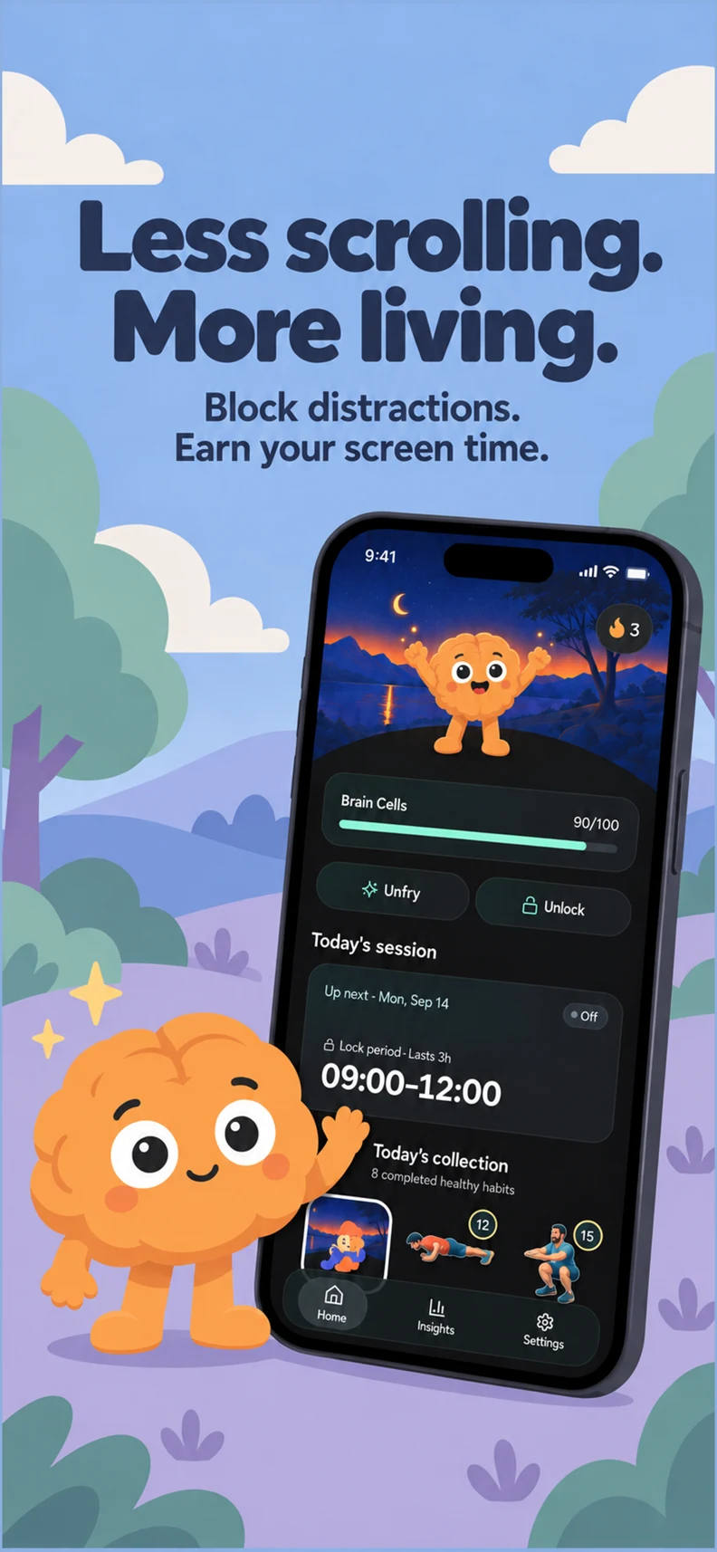 Unfry home screen with Braincells balance and focus schedule